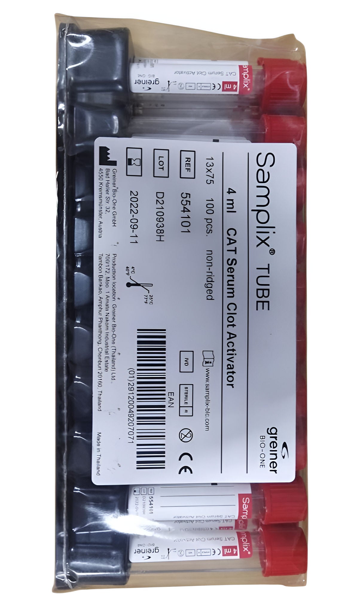 10 x  Greiner Samplix Serum Clot Activator 4ml Red Cap Pull Type 554101 Box of 100 Tubes