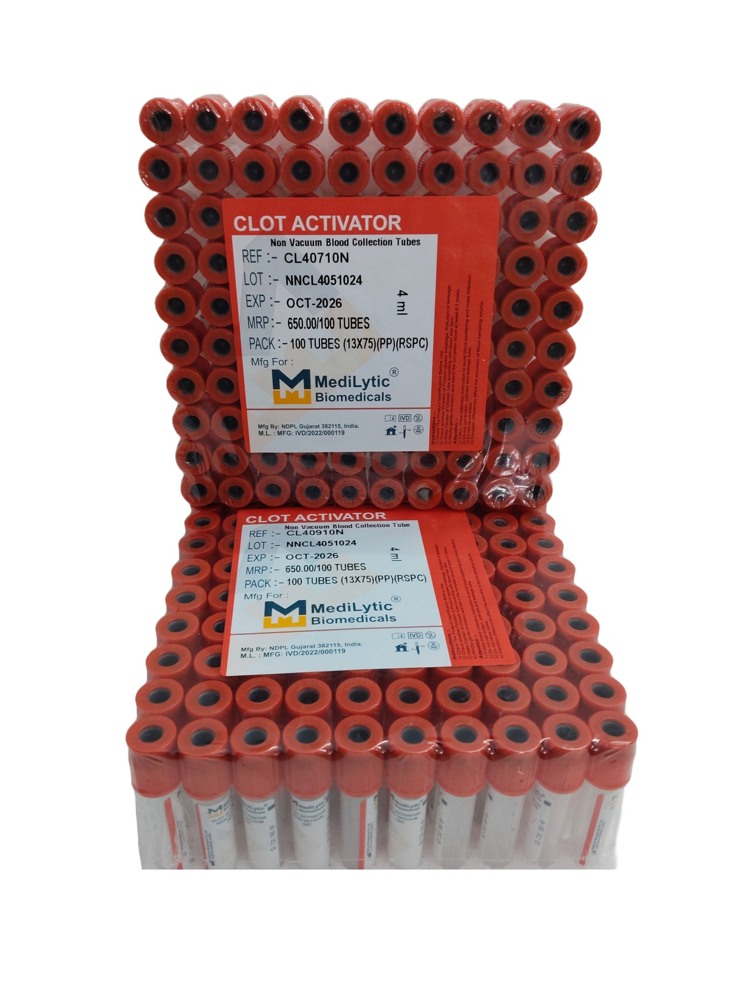 2 x  Medilytic Biomedicals Clot Activator Non Vaccum Blood Collection Tube - 4ml Pack of 100 Pieces (CL40910N)