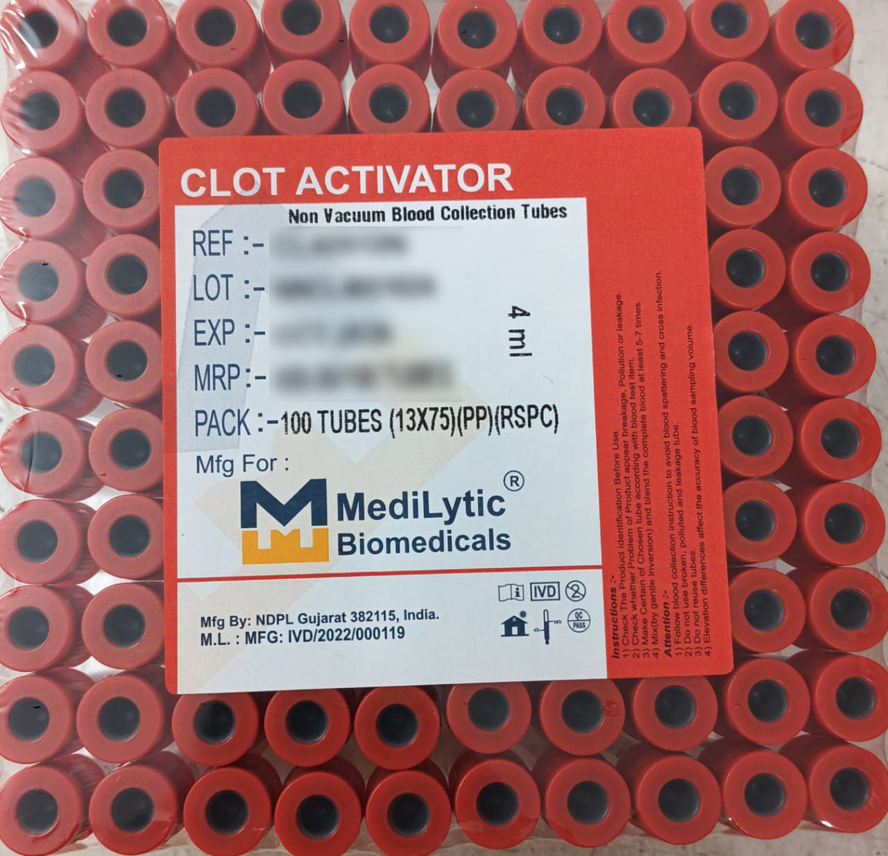 2 x  Medilytic Biomedicals Clot Activator Non Vaccum Blood Collection Tube - 4ml Pack of 100 Pieces (CL40910N)