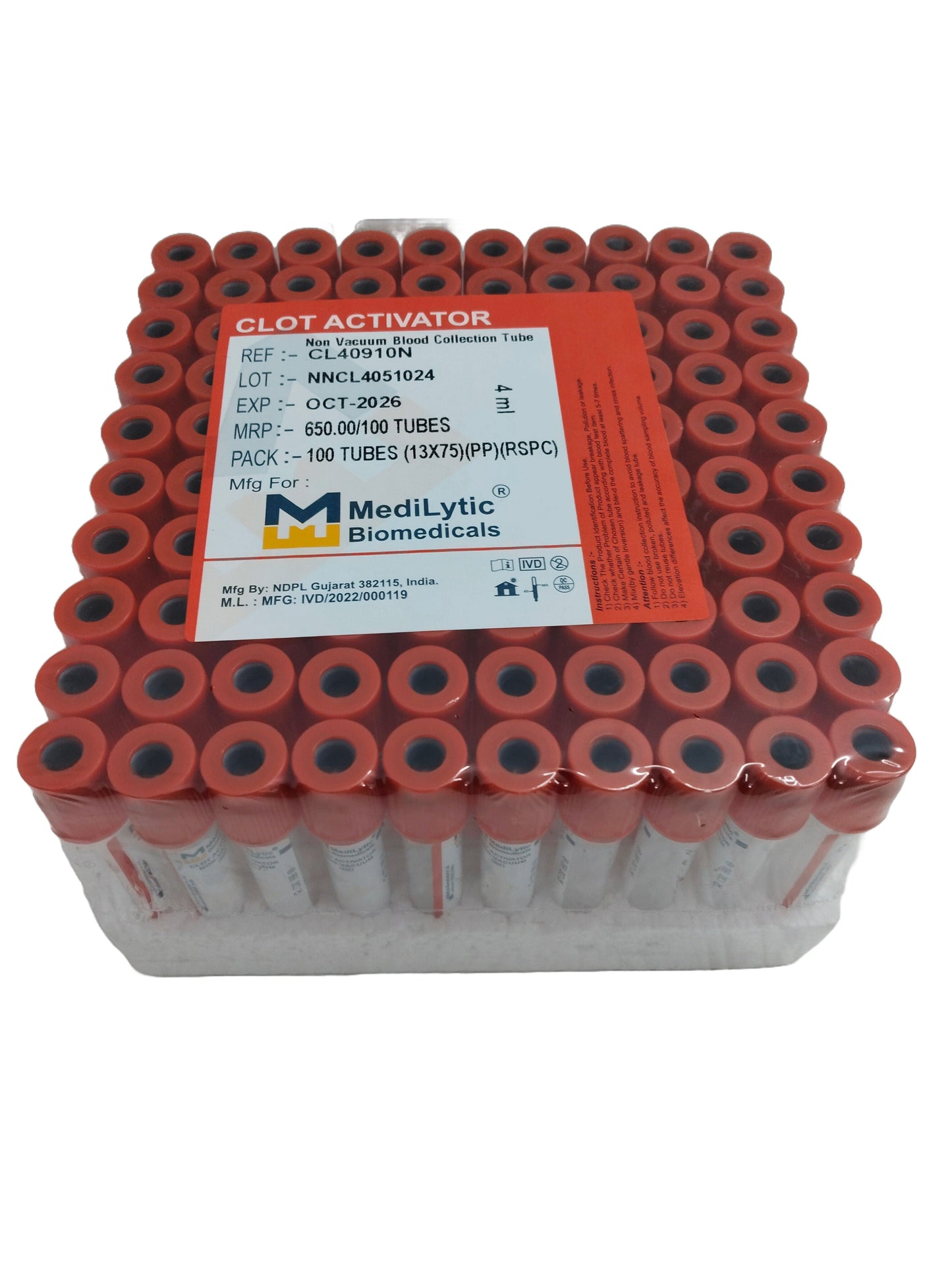 2 x  Medilytic Biomedicals Clot Activator Non Vaccum Blood Collection Tube - 4ml Pack of 100 Pieces (CL40910N)